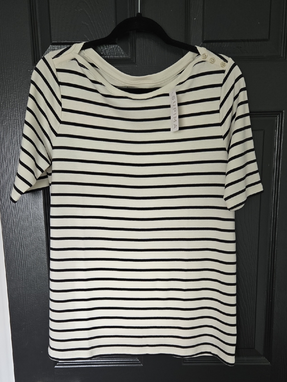 Lands' End Ivory and Black Striped BoatNeck  Elbow Sleeve Supima Cotton Shirt